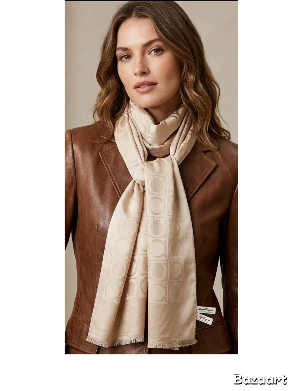 Salvatore Ferragamo Wool Silk Logo Monogram Scarf Beige Taupe